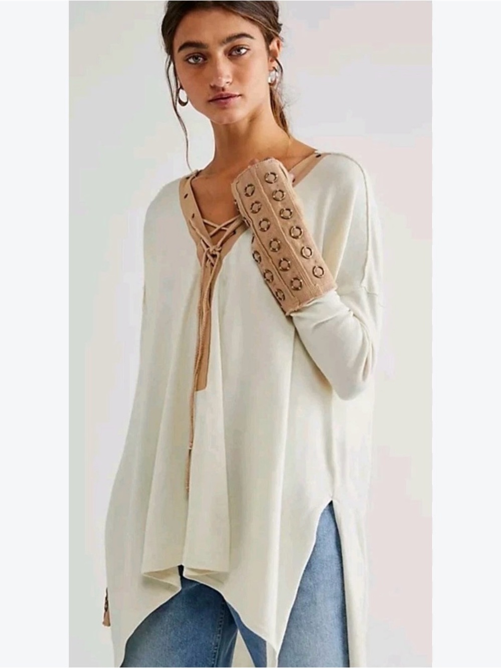 Free People Along For The Ride Tee Ivory Tan Grommet Lace Up Oversized Tunic Top